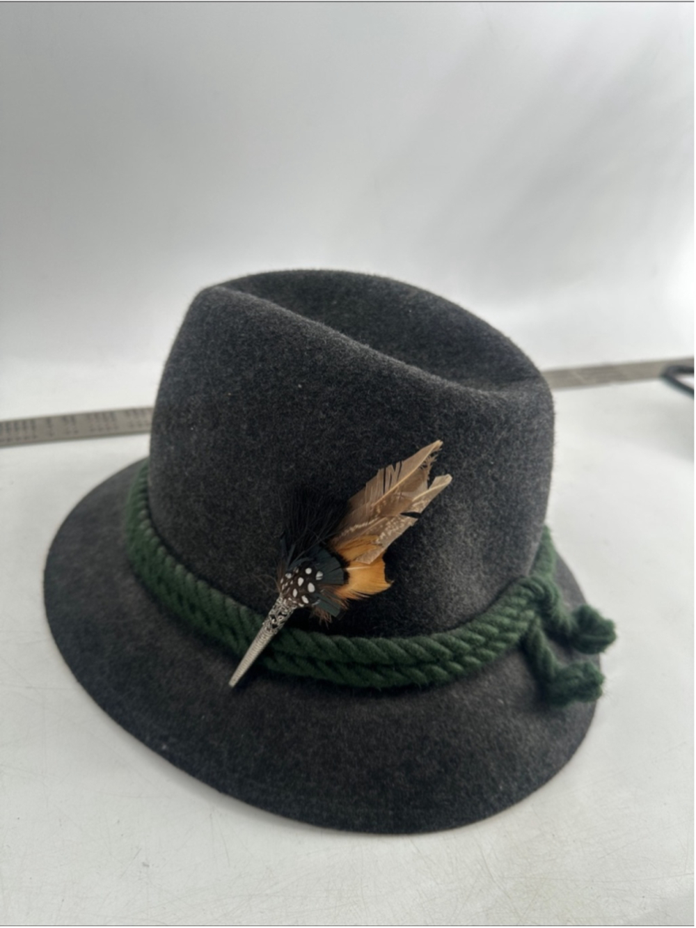 Hutmacher Zapf Hat Wool Alpine Fedora Hat Gray Green Feather Accent Oktoberfest View 2